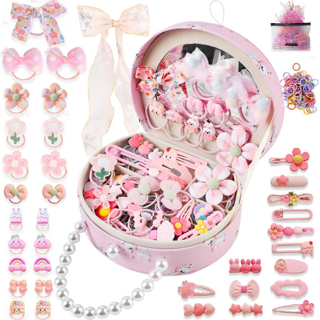Girls Pink Princess Jewelry Box With Hair Accessories Mirror Organizer